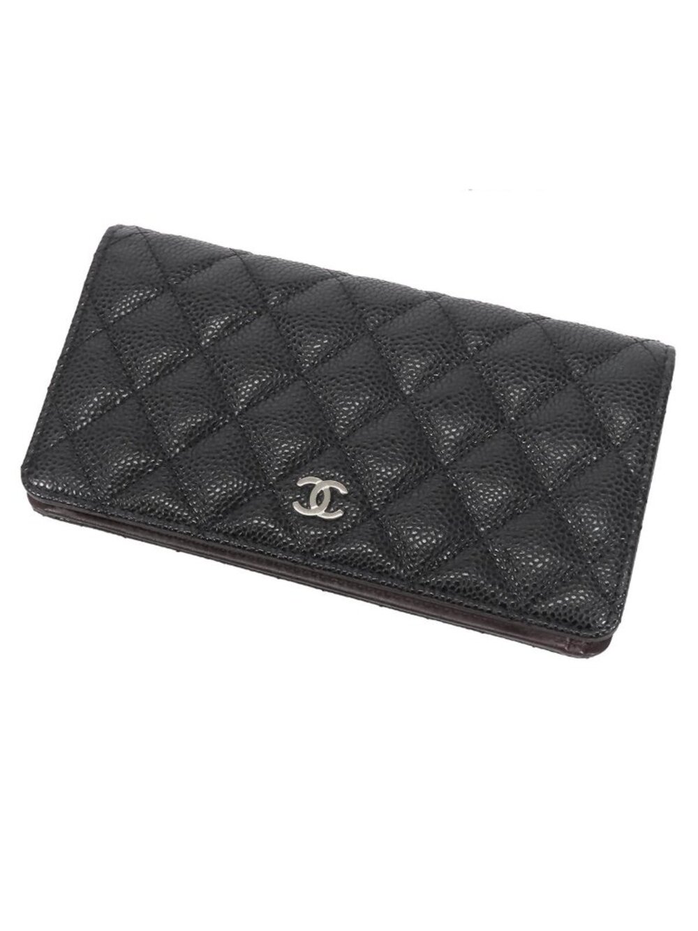 Chanel Long Flap Wallet Black Silver Caviar Leather Quilted